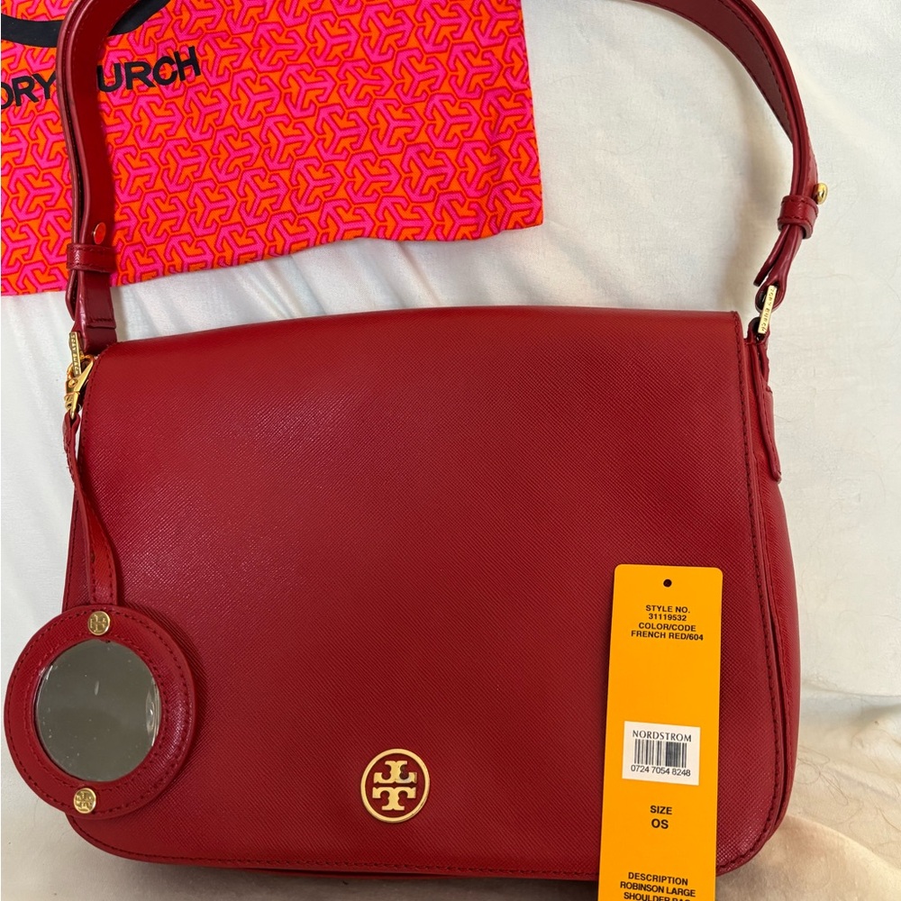 Tory Burch Red Robinson Large Shoulder Bag with Gold Logo